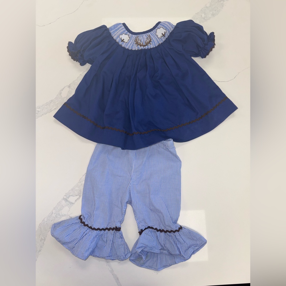 Stitches Navy Blue Smocked Top and Gingham Pants Set